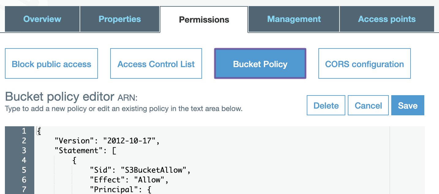 The AWS S3 bucket Permissions tab with Bucket Policy selected, showing the policy editor with a JSON policy being entered