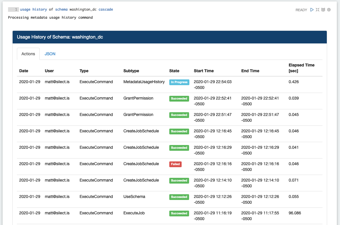 Output of a usage history command for a schema, listing actions against it with states including one that failed