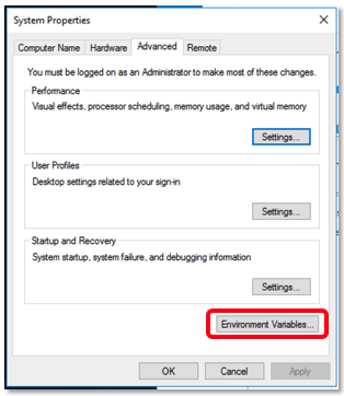 The Windows System Properties dialog on the Advanced tab, with the Environment Variables button highlighted