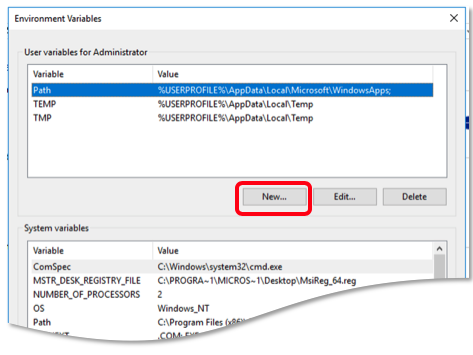 The Windows Environment Variables dialog, with the New button under user variables highlighted