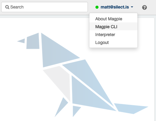 The Magpie username drop-down open, with the Magpie CLI entry among About Magpie, Interpreter and Logout