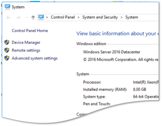 The Windows System control panel, where Advanced system settings is chosen from the left-hand list