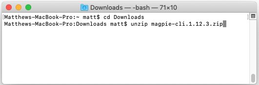 A macOS terminal changing into the Downloads directory and running unzip on the Magpie CLI archive