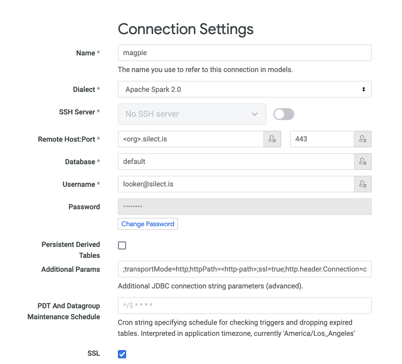 Looker connection settings, with the dialect set to Apache Spark 2.0, the Magpie host and port 443, a database of default, and JDBC transport parameters in the additional params field