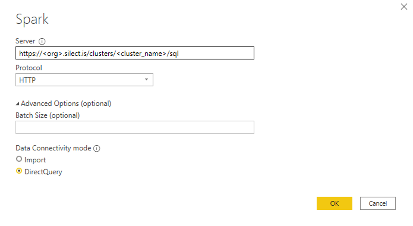 The Power BI Spark connector dialog, with a Magpie cluster SQL endpoint as the server, HTTP protocol, and DirectQuery selected as the connectivity mode