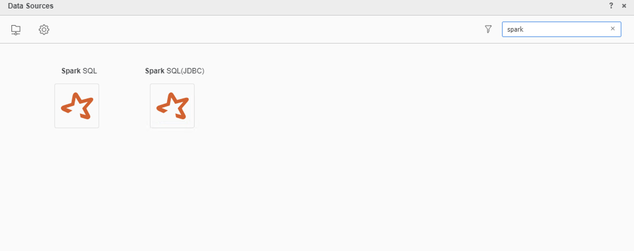 The MicroStrategy Data Sources dialog filtered by "spark", offering Spark SQL and Spark SQL (JDBC)