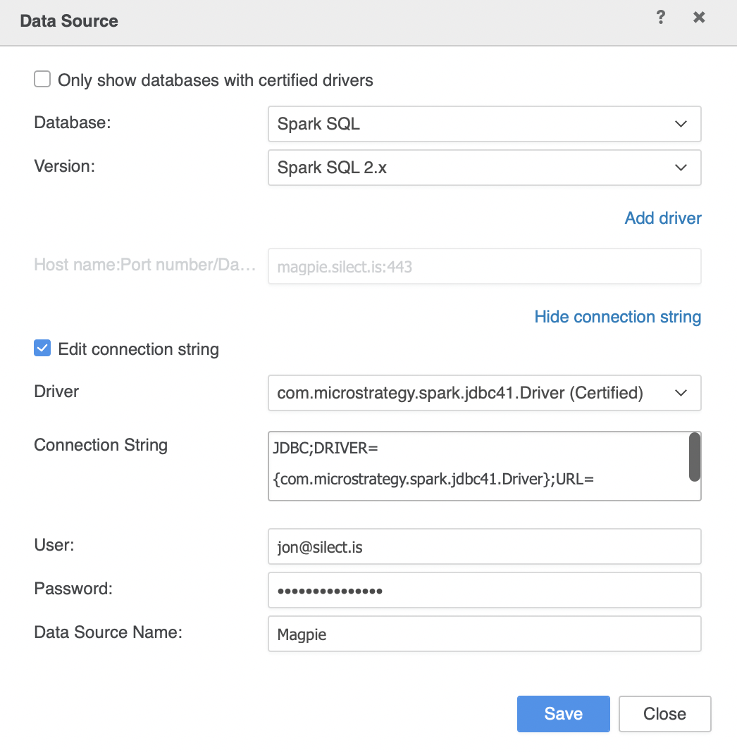 The MicroStrategy Data Source dialog, with Spark SQL as the database, Spark SQL 2.x as the version, a certified JDBC driver, an editable connection string, and user and password fields