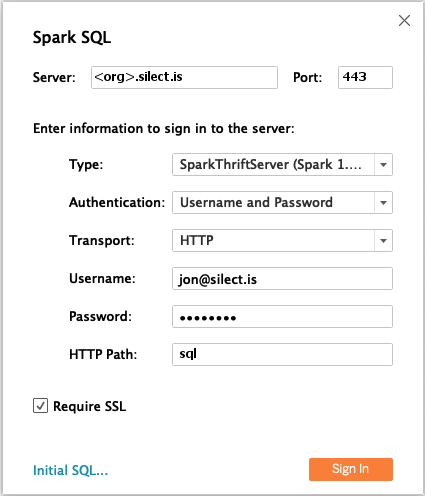 The Tableau Spark SQL connection dialog, with server and port, SparkThriftServer type, username and password authentication, HTTP transport, an HTTP path, and Require SSL ticked