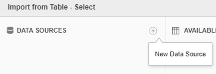 The MicroStrategy Import from Table screen, with the plus icon beside Data Sources hovered and its New Data Source tooltip showing