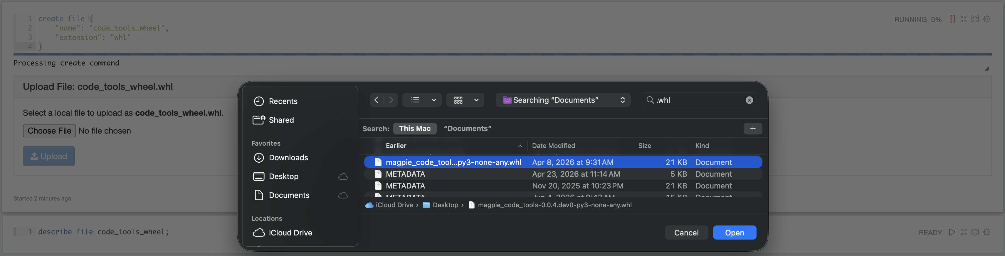 The operating system file browser open over the upload form, with a .whl file selected