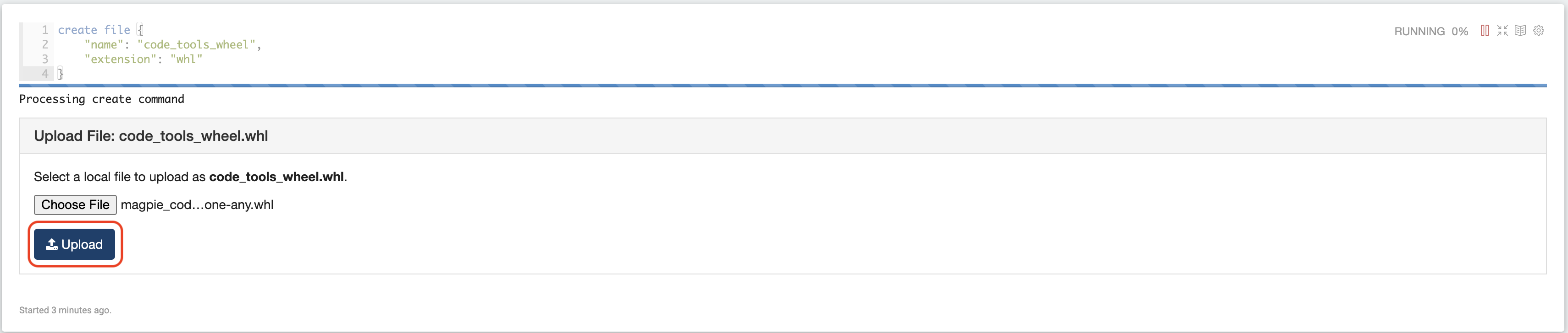 The upload form with a wheel file chosen and the Upload button now active and highlighted