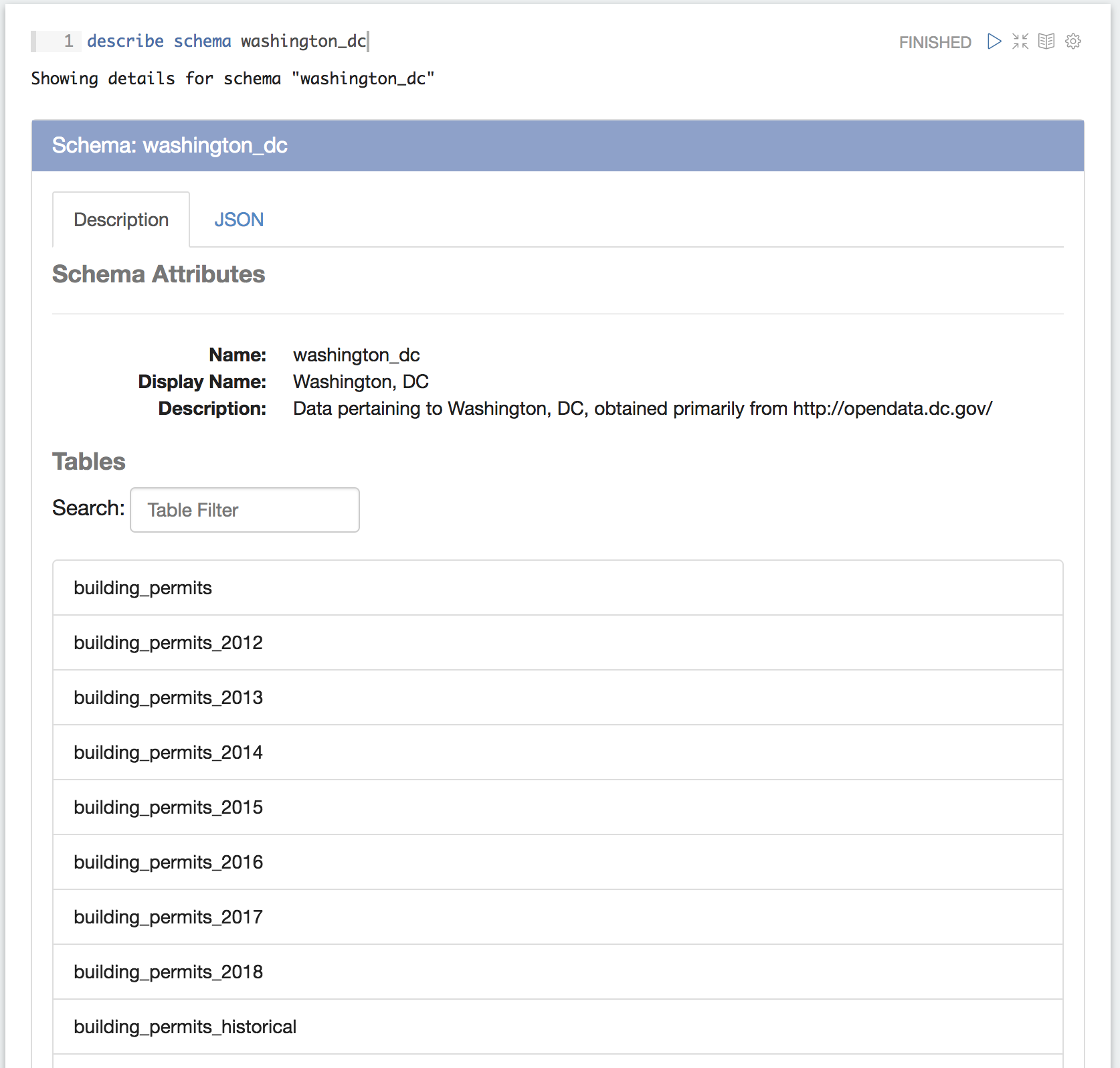 Output of "describe schema washington_dc", showing the schema name, display name and description above a searchable list of its tables