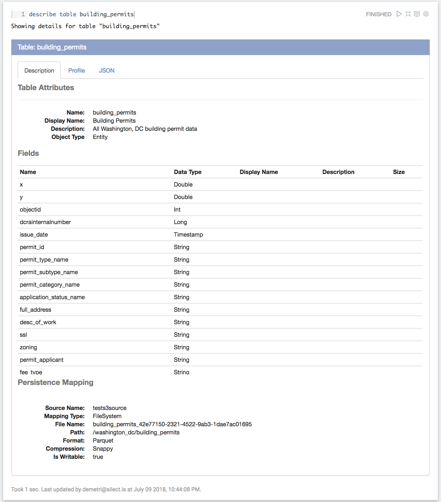 Output of "describe table building_permits", showing table attributes, a field list with data types, and the persistence mapping to a Parquet file on S3