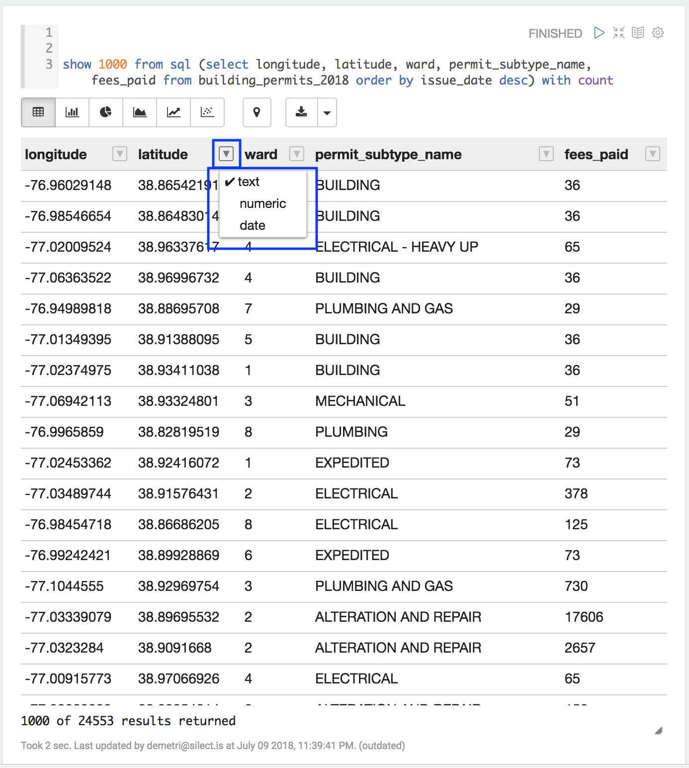 A results grid with a column header dropdown open, offering text, numeric and date as the sort type for that column