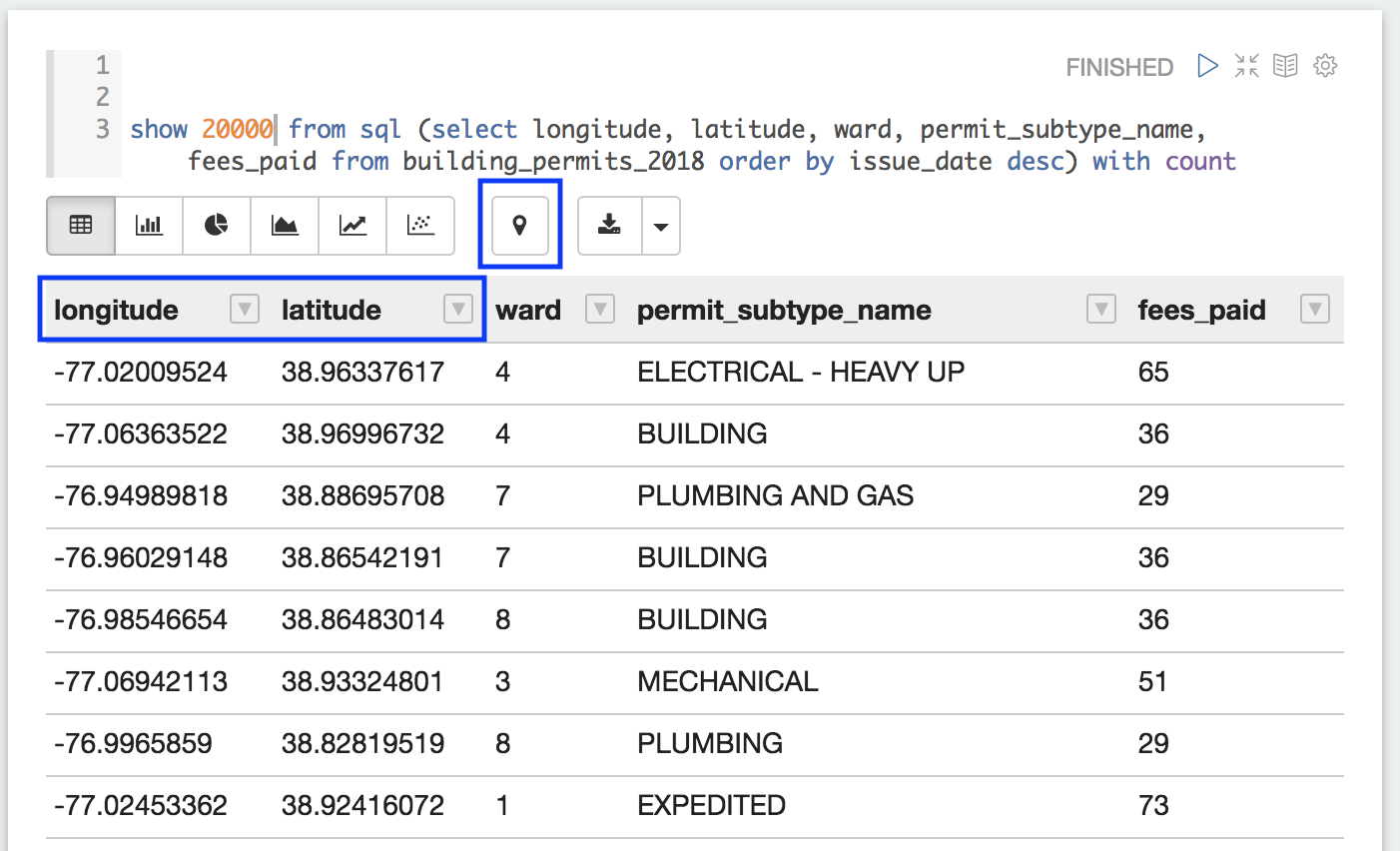 A results grid with the longitude and latitude columns highlighted, and the map icon highlighted in the visualisation toolbar