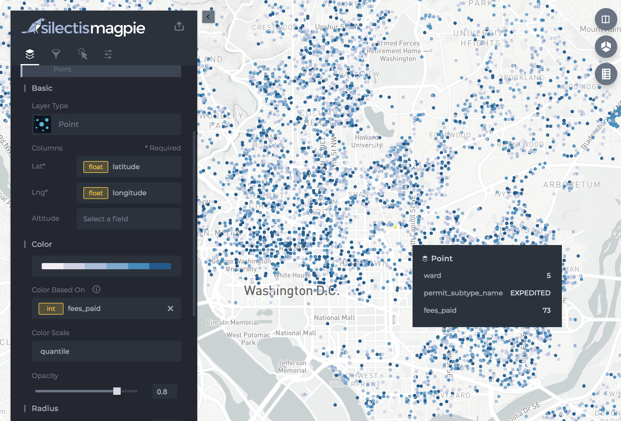 A map of Washington, DC scattered with permit locations shaded by fee amount, a layer settings panel on the left and a tooltip showing one permit’s ward, subtype and fees paid
