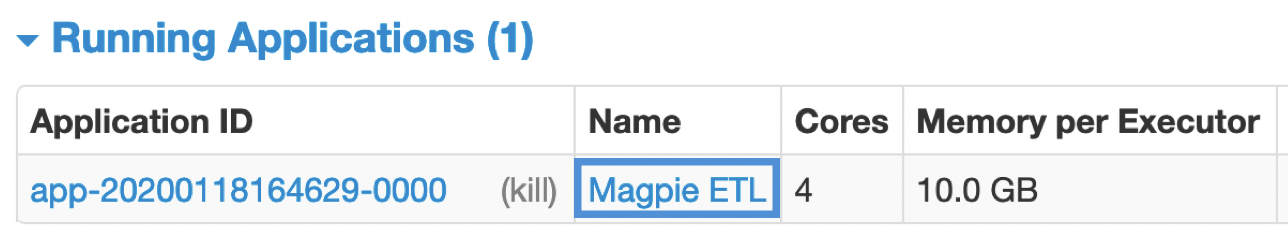 The Running Applications table with the application name "Magpie ETL" highlighted as a link