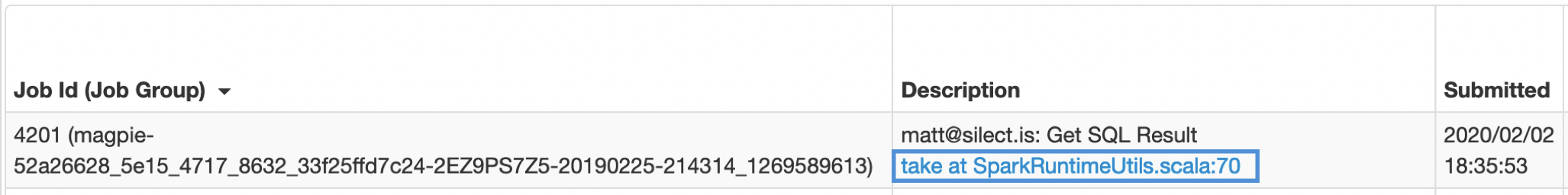A single job row with the Description link highlighted, which opens the job detail view