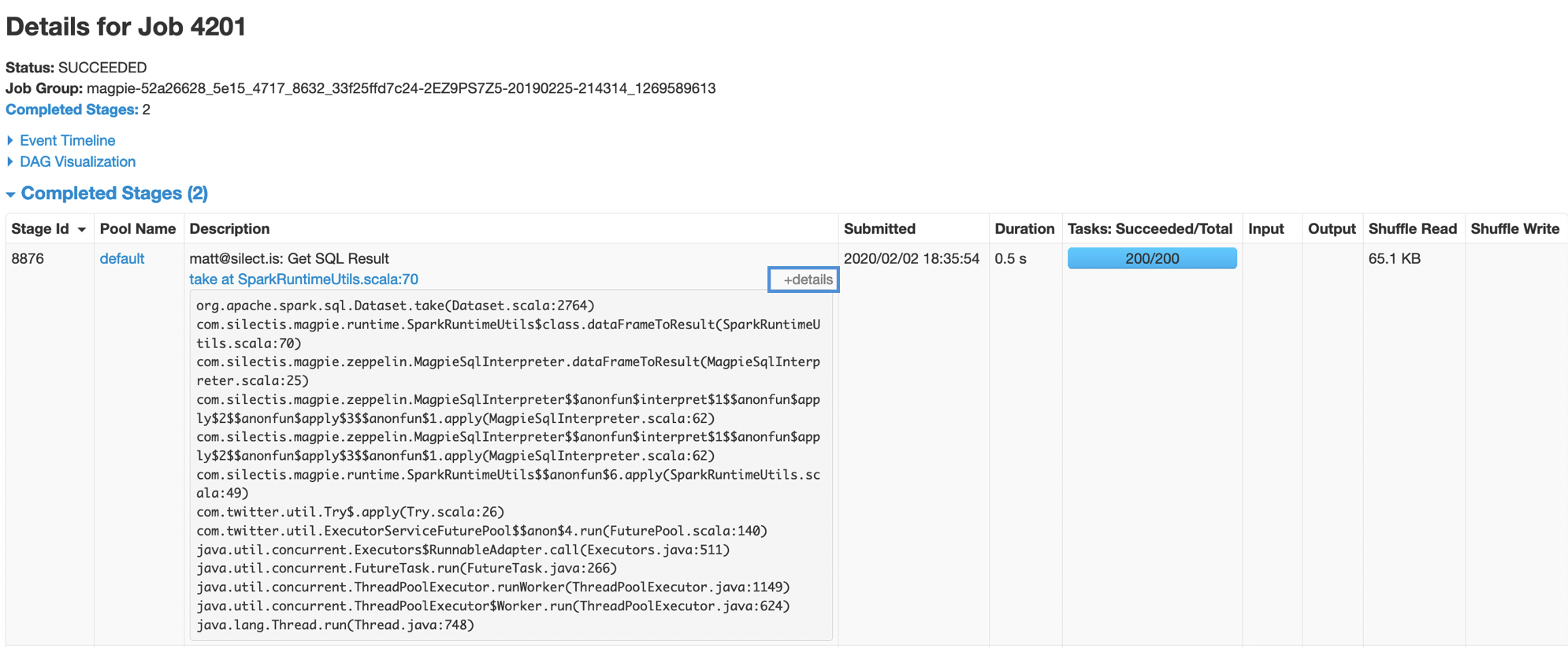 The Details for Job page, showing status, job group, completed stages, and an expanded stack trace under a +details toggle
