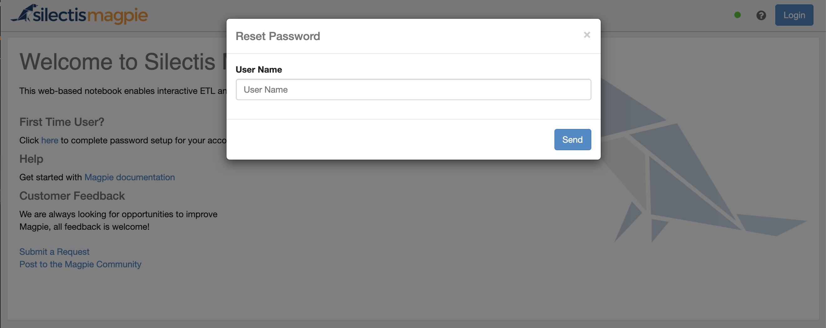 The Reset Password dialog, asking for a user name and offering a Send button