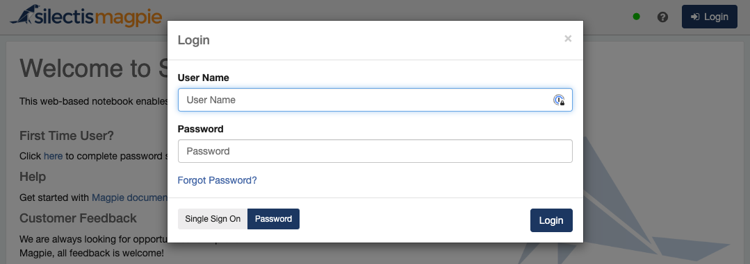 The Magpie login dialog with empty User Name and Password fields, a Forgot Password link, and a Single Sign On / Password toggle