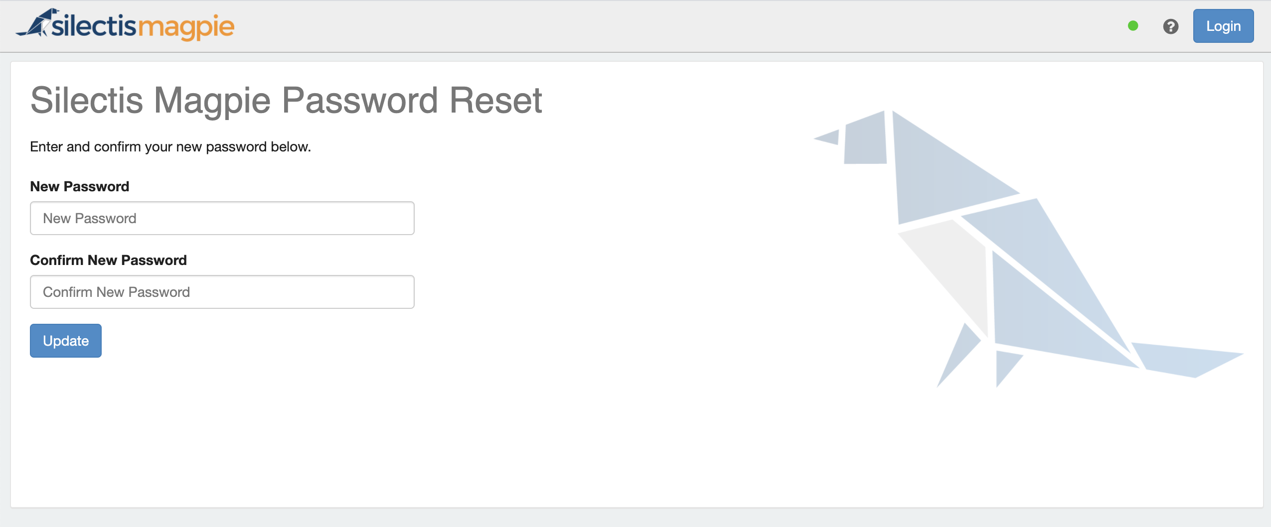 The Magpie Password Reset page, with New Password and Confirm New Password fields and an Update button