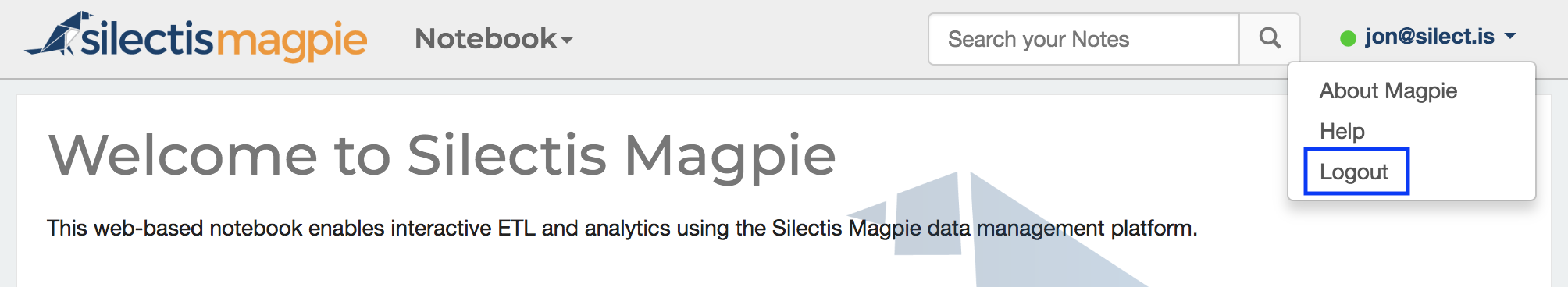 The Magpie navigation bar with the username drop-down open and Logout highlighted