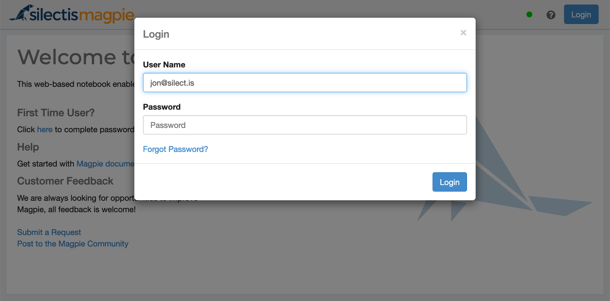 The login dialog with an email address entered as the user name, ready for a password