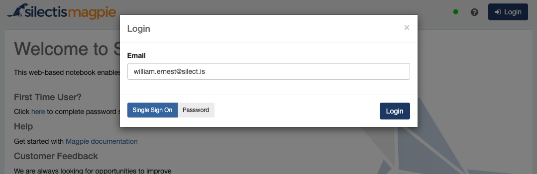 The login dialog in single sign-on mode, showing only an Email field with Single Sign On selected on the toggle