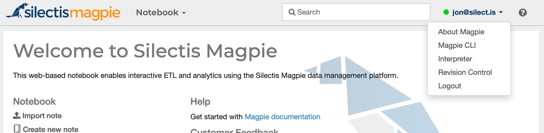 The Magpie username drop-down open, showing a Revision Control entry alongside About Magpie, Magpie CLI, Interpreter and Logout