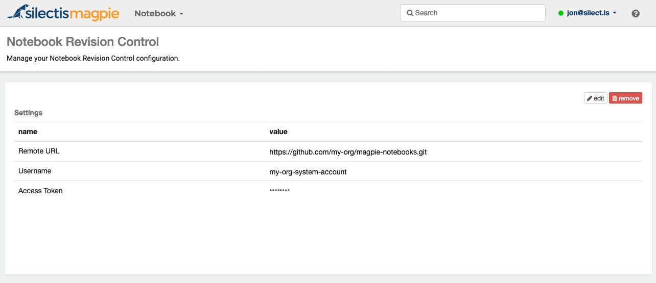 The Notebook Revision Control settings page, listing the remote repository URL, a username, and a masked access token, with edit and remove buttons