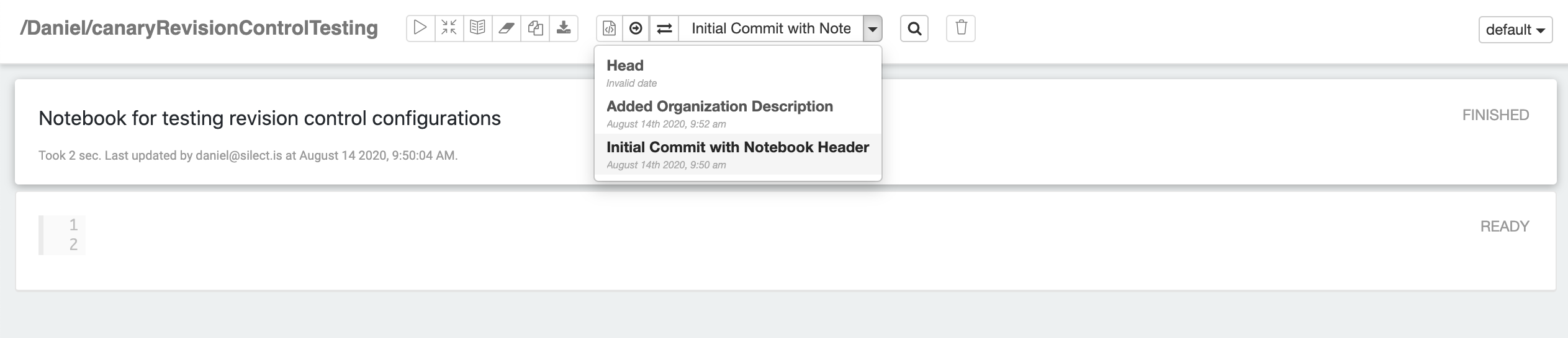 The revision drop-down open in the notebook toolbar, listing Head and two named commits with their timestamps