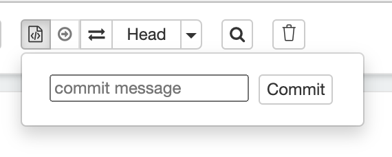 The notebook toolbar with the commit control open, showing a commit message field and a Commit button