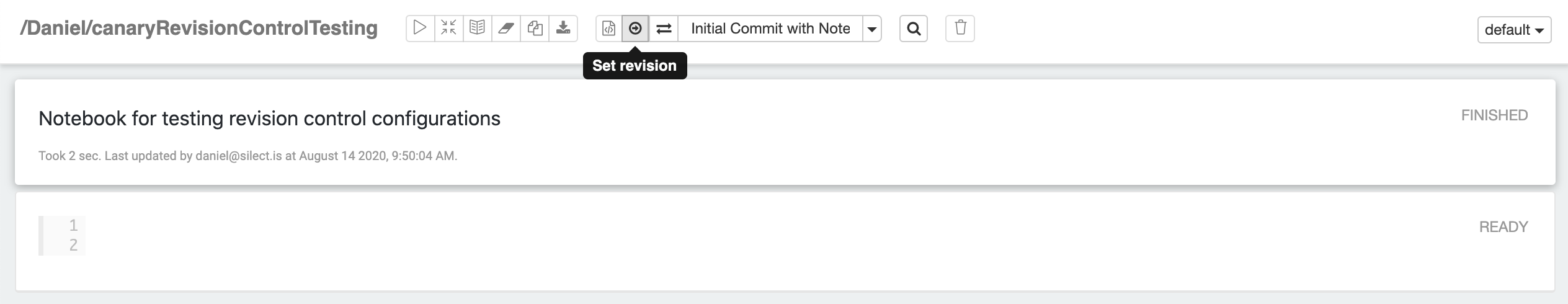The notebook toolbar with the Set revision control hovered, its tooltip showing, beside the selected revision