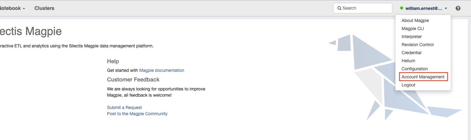The Magpie navigation bar with the username drop-down open and Account Management highlighted
