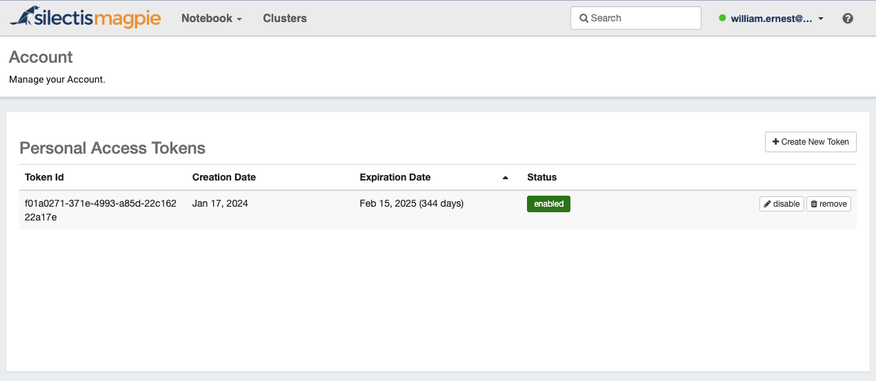 The Account page listing personal access tokens in a table of token ID, creation date, expiration date and status, with a Create New Token button