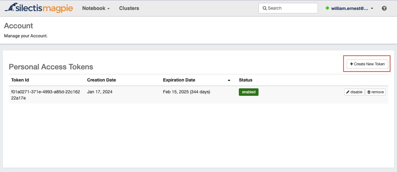 The same token list with the Create New Token button highlighted