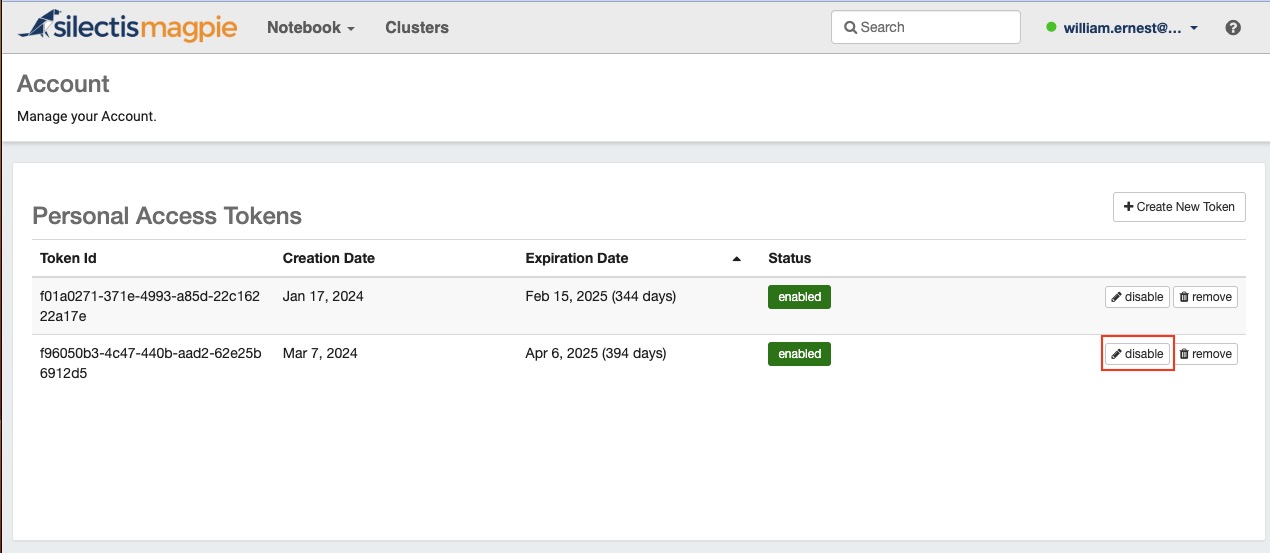 The token list with the disable button highlighted on the second token