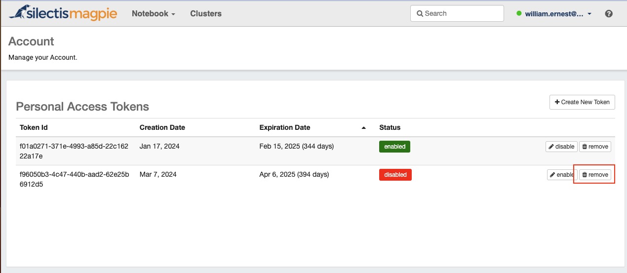 The token list with the remove button highlighted on the disabled token