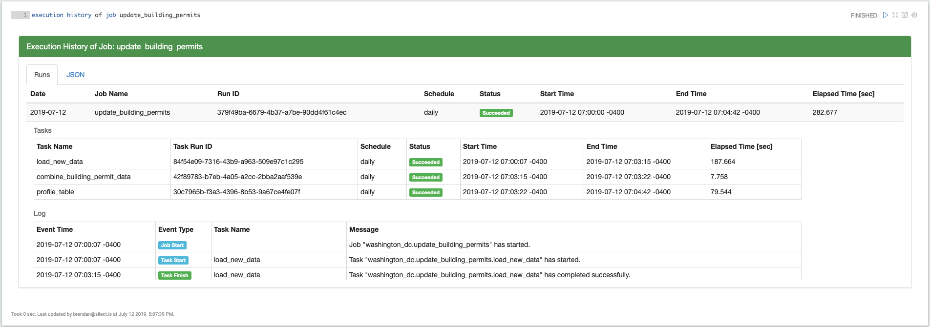 Output of an execution history command for a job, showing the run with its schedule and status, a table of its tasks with their own timings, and a log of job and task start and finish events