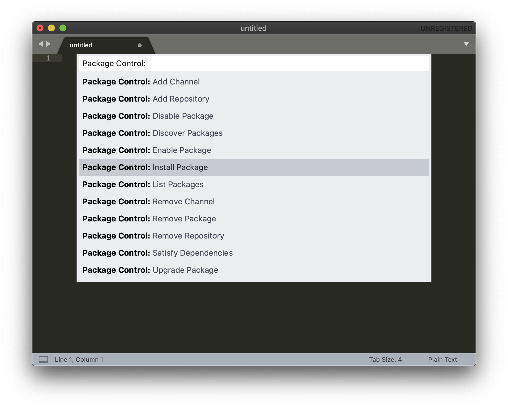 The Sublime Text command palette filtered to Package Control, with Install Package highlighted