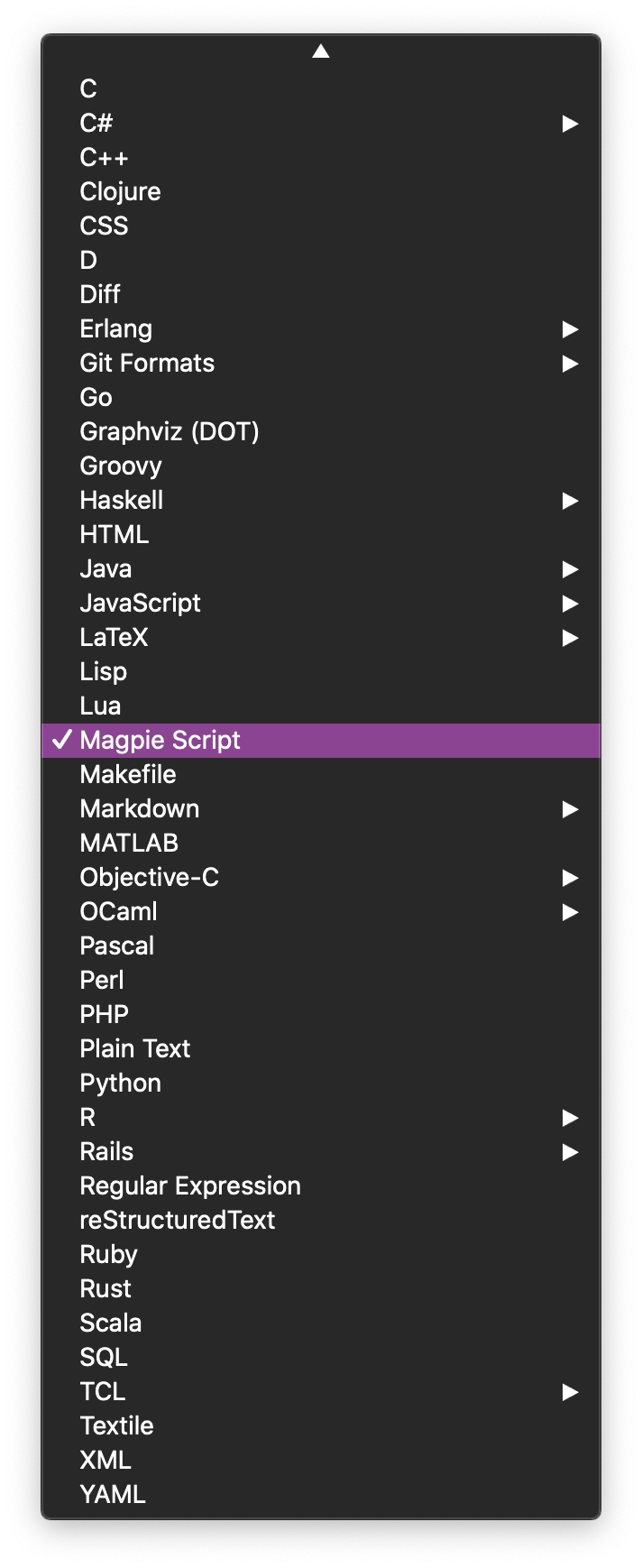 The Sublime Text syntax menu with Magpie Script selected among the built-in languages