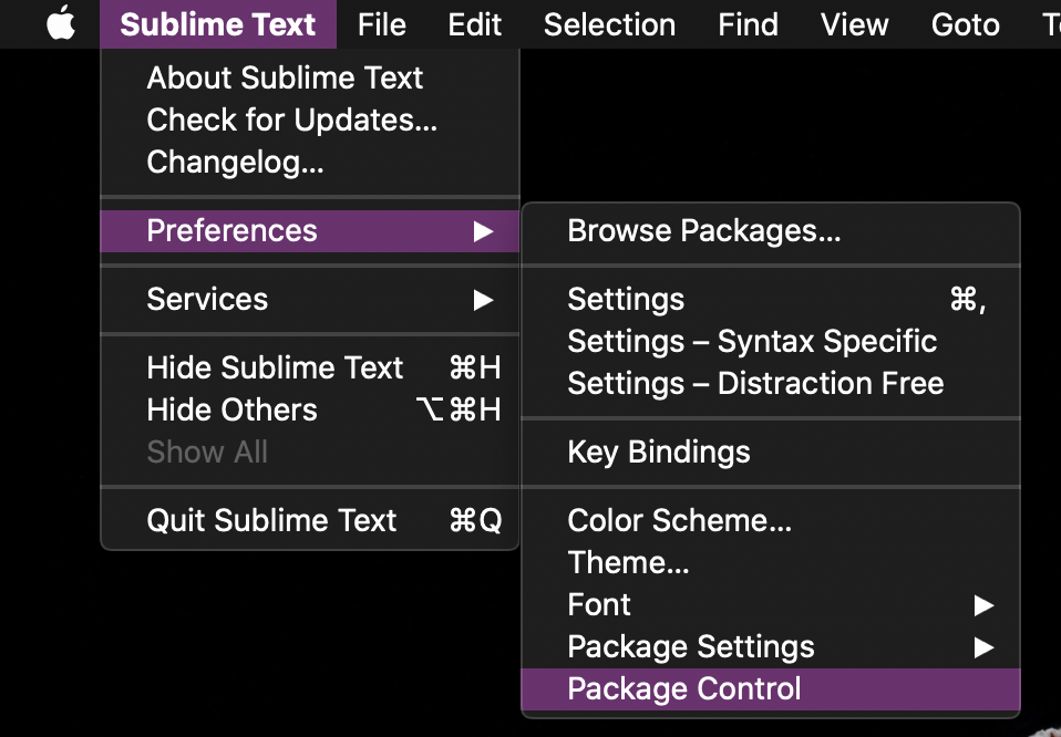 The Sublime Text menu with Preferences open and Package Control highlighted