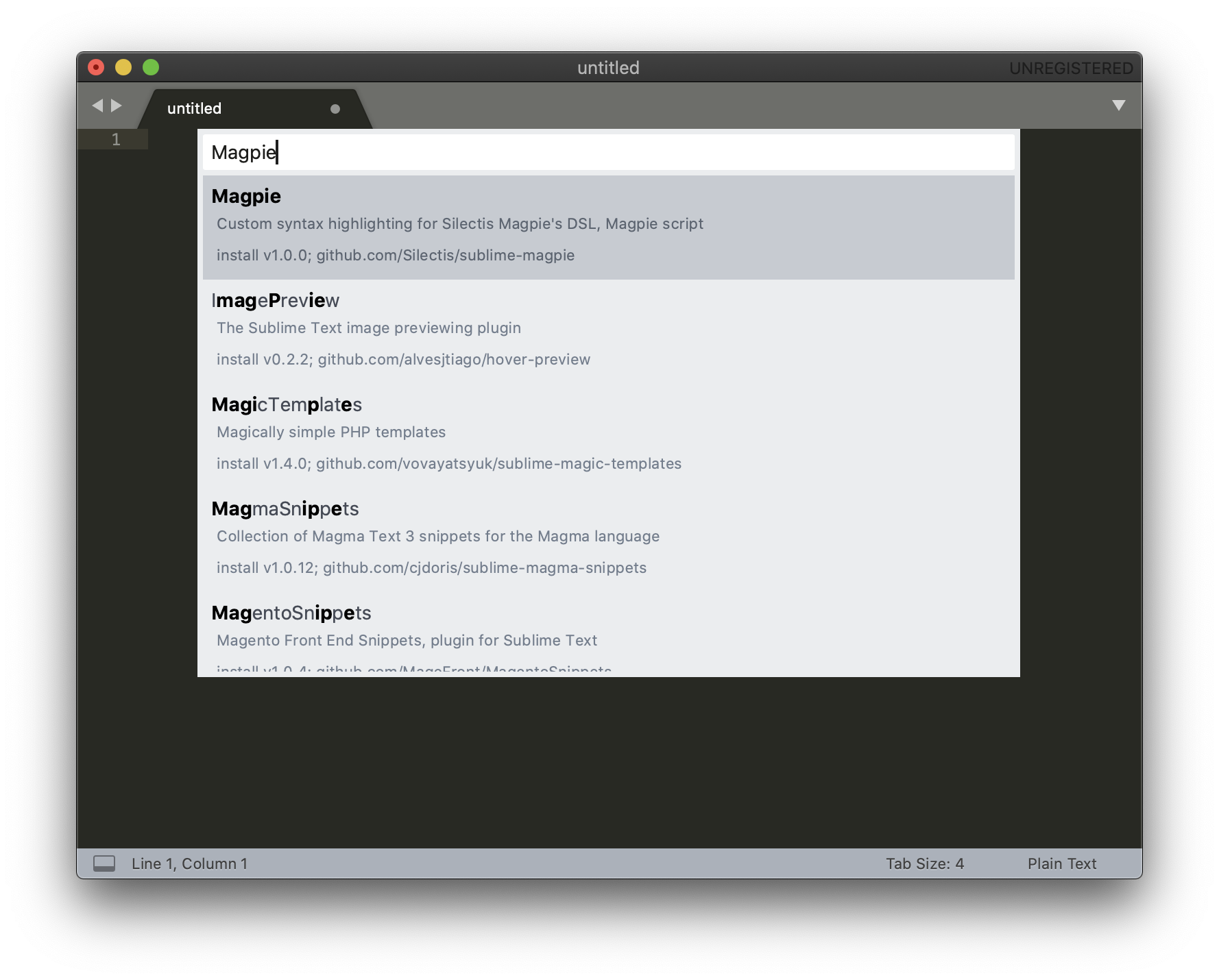 The package search with "Magpie" typed, the Magpie package at the top described as custom syntax highlighting for the Magpie DSL