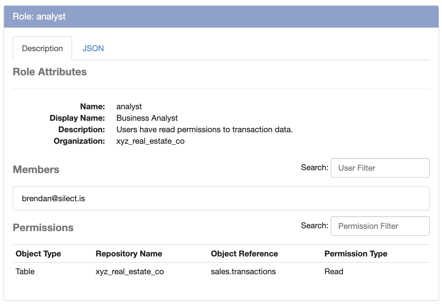 Output of "describe role", showing the role name, display name, description and organization, its member list, and a permissions table giving object type, repository, object reference and permission type