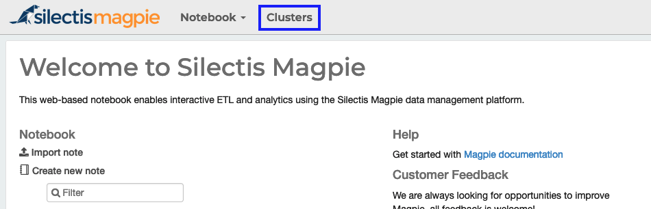 The Magpie navigation bar with the Clusters link highlighted