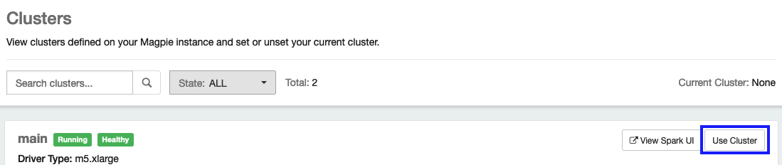 The Clusters page with no current cluster set and the Use Cluster button highlighted on a running cluster