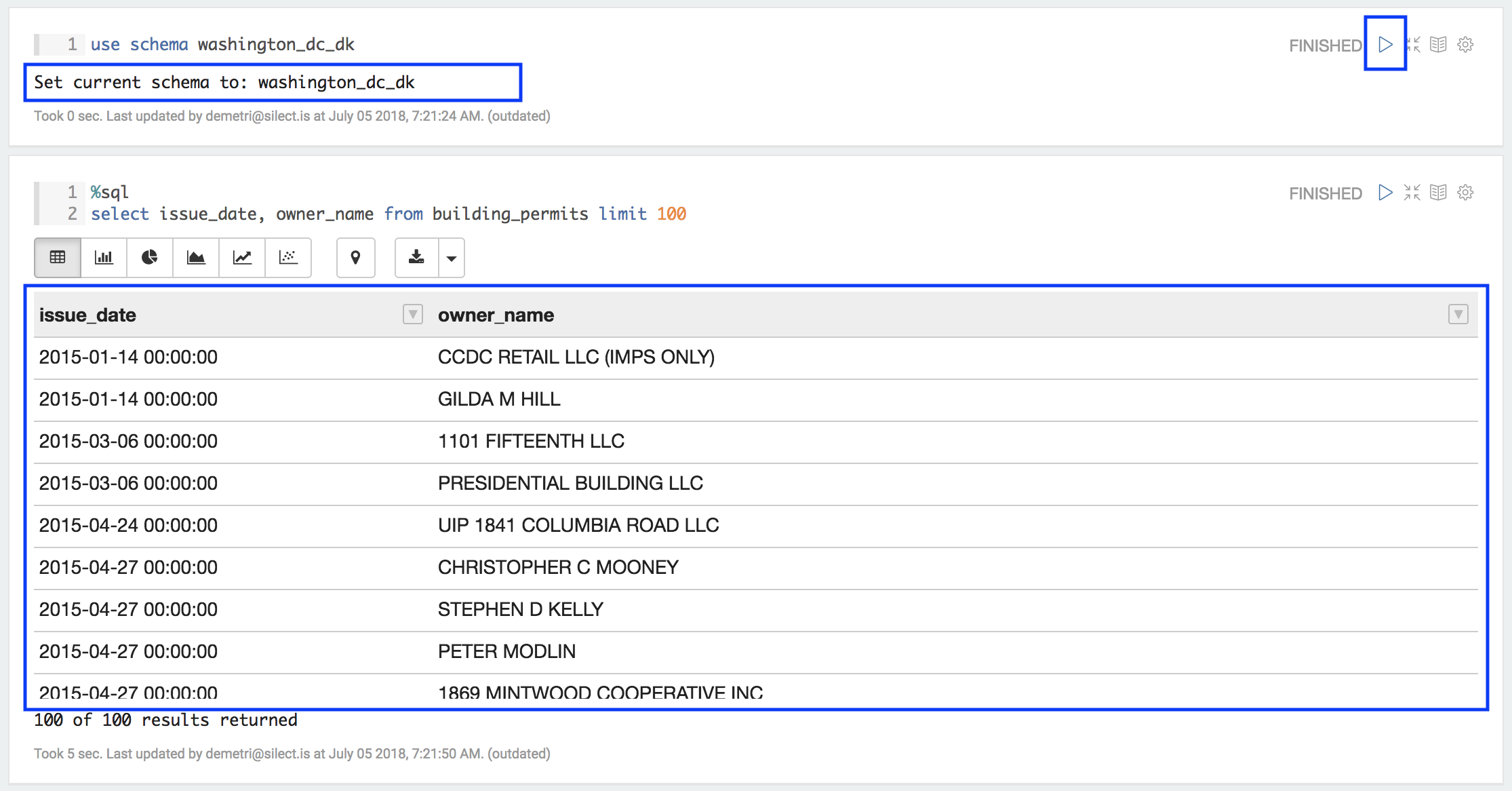 Two paragraphs: one setting the current schema, and one running a SQL select whose results appear in a table below, with the run arrow and results area highlighted