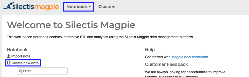 The Magpie home page with the Notebook menu and the "Create new note" link both highlighted