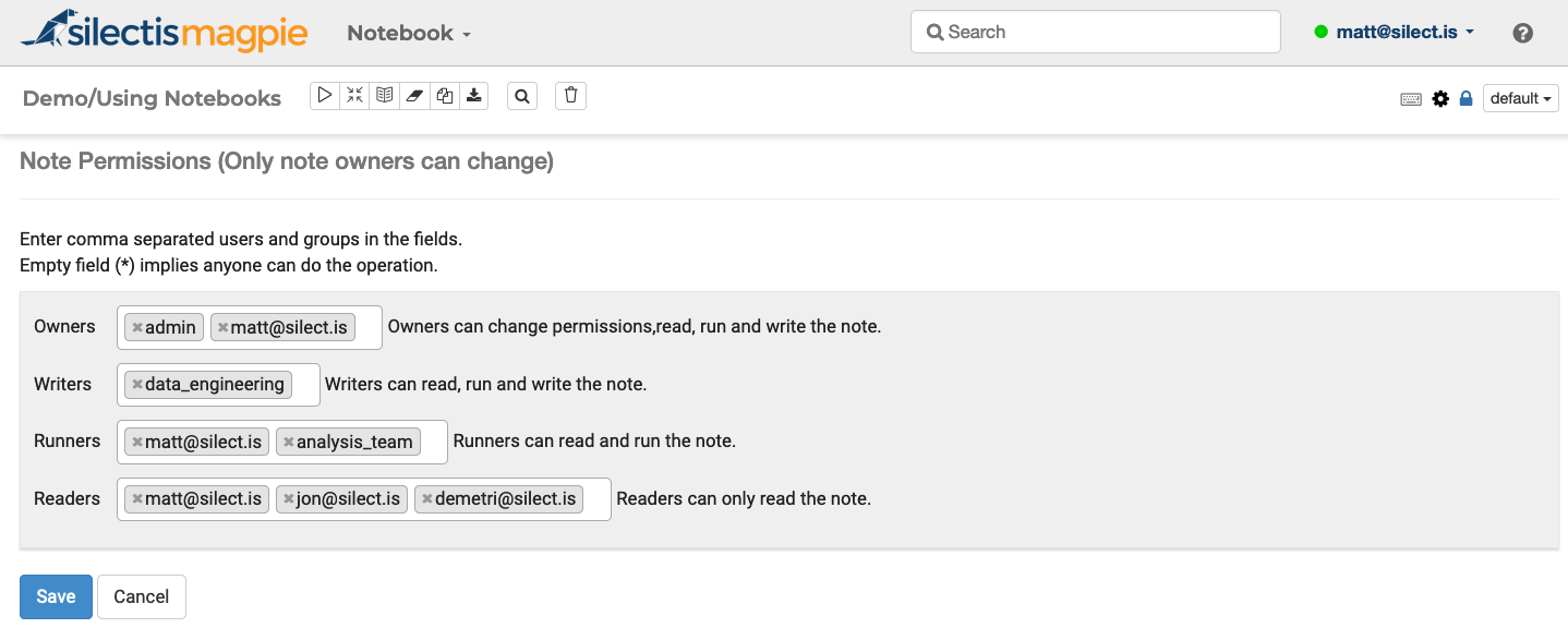 The Note Permissions screen, with separate fields for owners, writers, runners and readers holding usernames and role names